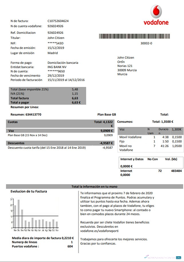 download Spain Vodafone telecommunications utility bill template in Word and PDF format PDF template